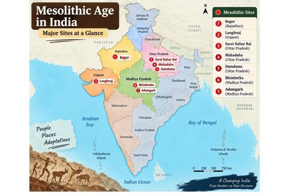 Map showing important Mesolithic sites in India