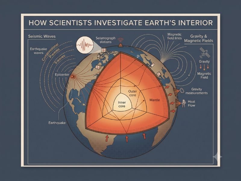 Scientific illustration showing how seismic observations reveal the Earth's inaccessible interior