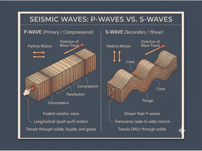 Comparison of P-waves and S-waves showing particle motion and wave propagation