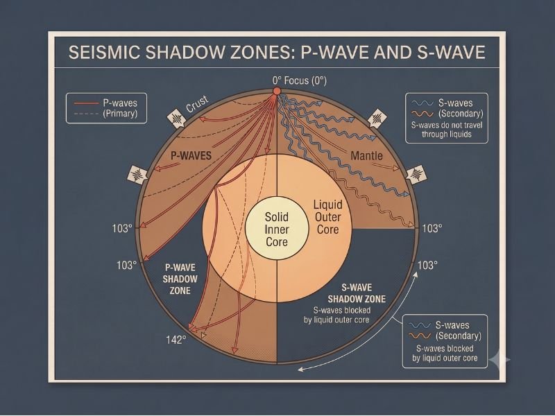 Earth cross-section showing P-wave and S-wave paths and their shadow zones