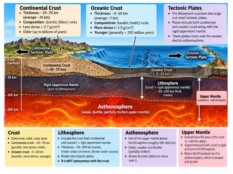 Cross-section comparing continental and oceanic crust, lithosphere and asthenosphere