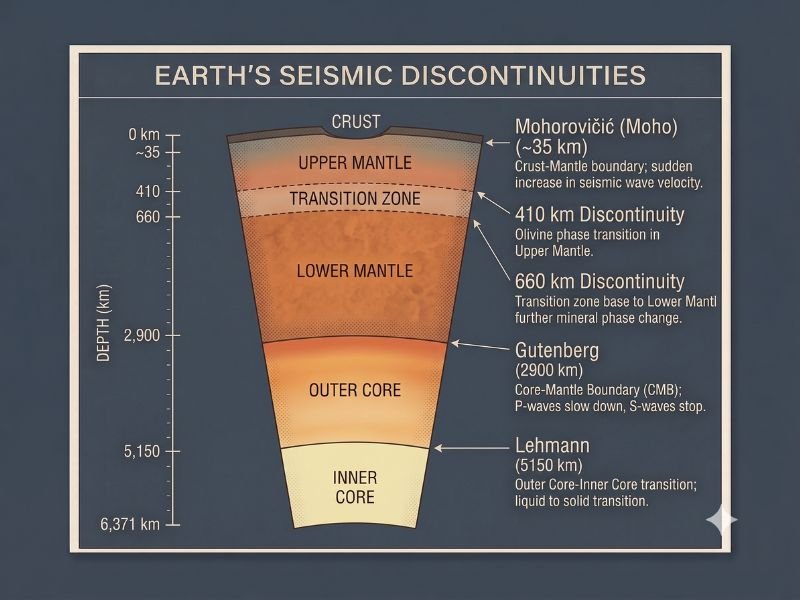 Depth scale showing the Moho, 410 kilometre and 660 kilometre transitions, Gutenberg and Lehmann boundaries