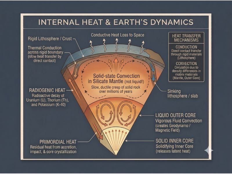 Scientific illustration of internal heat transfer, mantle circulation and the Earth's core