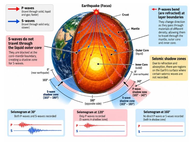 P-wave and S-wave paths through Earth showing refraction and the seismic shadow zones