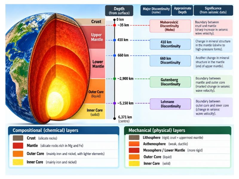 Earth's internal depth scale showing Moho, mantle transition zones, Gutenberg and Lehmann boundaries
