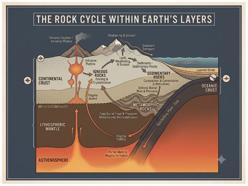 Rock cycle showing magma, igneous, sediment, sedimentary and metamorphic rocks connected by labelled process arrows